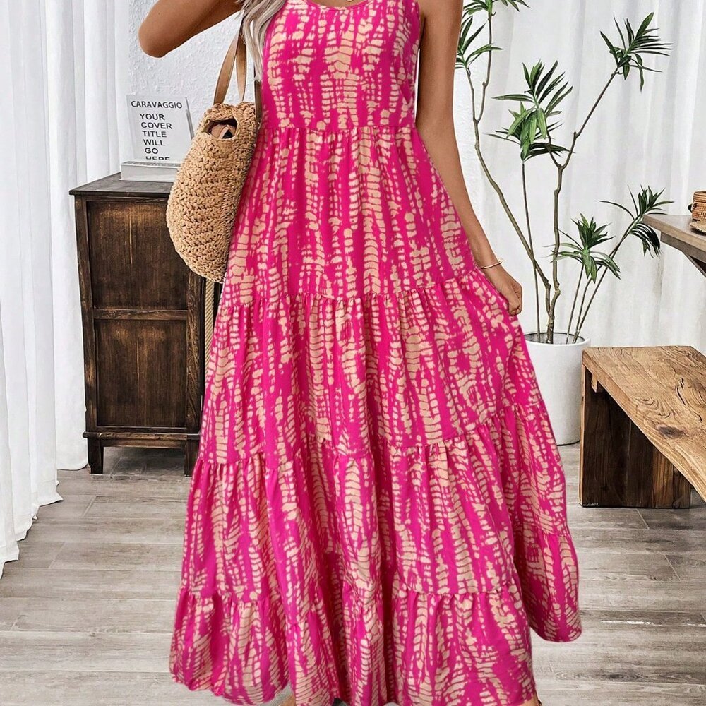Hot Pink Boho Women's Holiday Casual Random Printed Strappy Dress Maxi Outfit - Picture 4 of 7